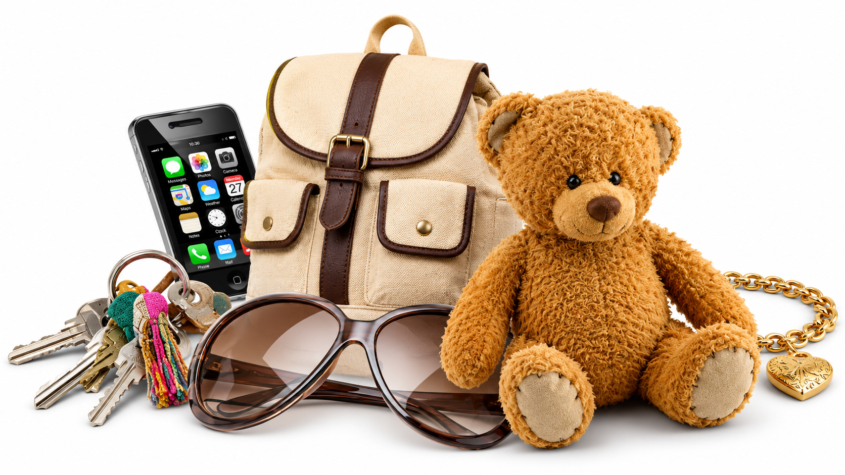 Persönliche Gegenstände wie Rucksack, Handy, Schlüssel, Sonnenbrille und Teddy
